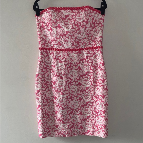Lilly Pulitzer Allegra White Pink Roses Beaded Strapless Eyelet Lace‎ Dress - Picture 3 of 5